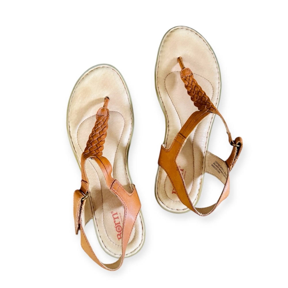 Born Tan Braided Leather T-Strap Sandals